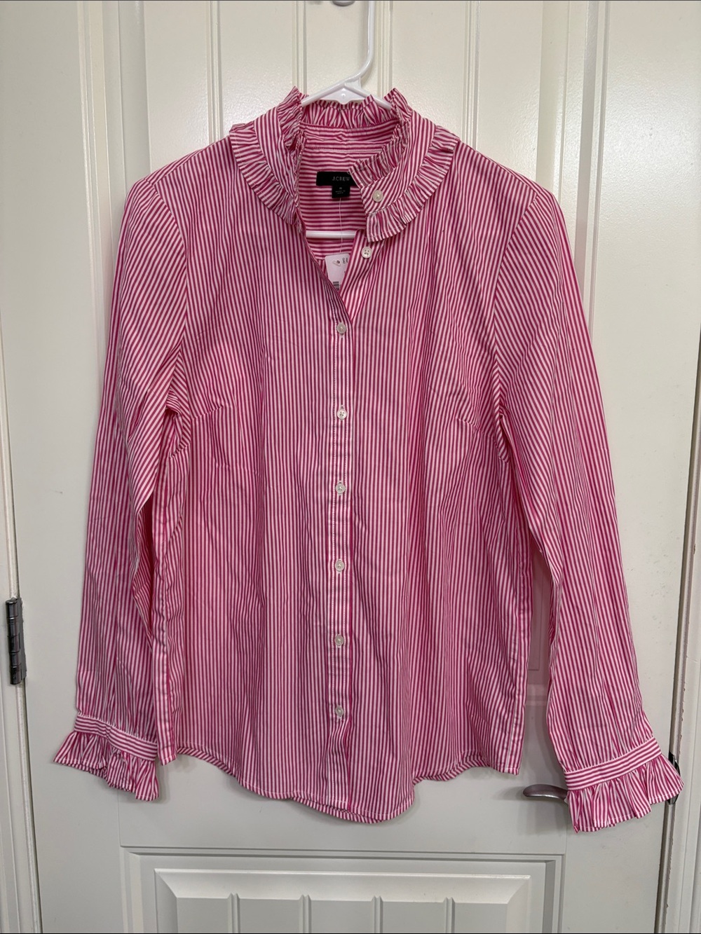 NWT J. Crew Pink and‎ White Striped Ruffle Collar Button-Down Shirt